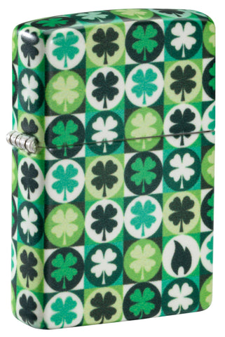 Front view of ˫ Clover Design Glow in the Dark Green Matte Windproof Lighter standing at a 3/4 angle.